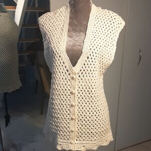 LONG Elegant💝Cream/pale Yellow Crochet Vest with STRETCH SIZE M